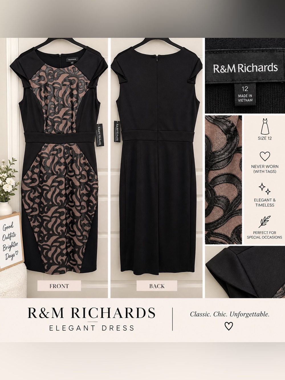R&M Richards Black and Nude Lace Panel Sheath Dress